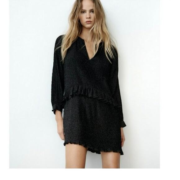 Zara Mini Ruffle Black Polka Dot Dress size XS - Picture 2 of 12